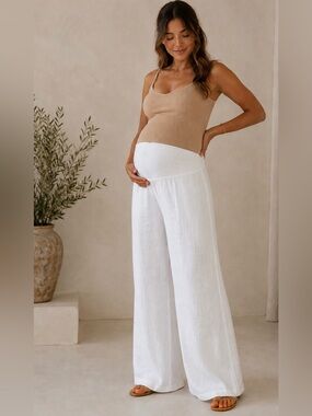 Linen White Wide-Leg Maternity Pants